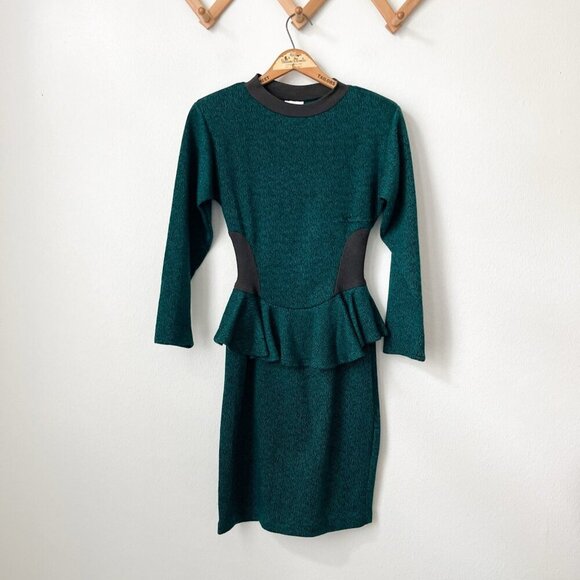 Vtg Byer Too green black sweater peplum‎ dress S/M fitted long sleeve 80s - Picture 1 of 6